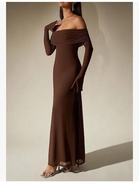 KUTUMAI women's brown form-fitting off-the-shoulder long-sleeve dress size S NWT